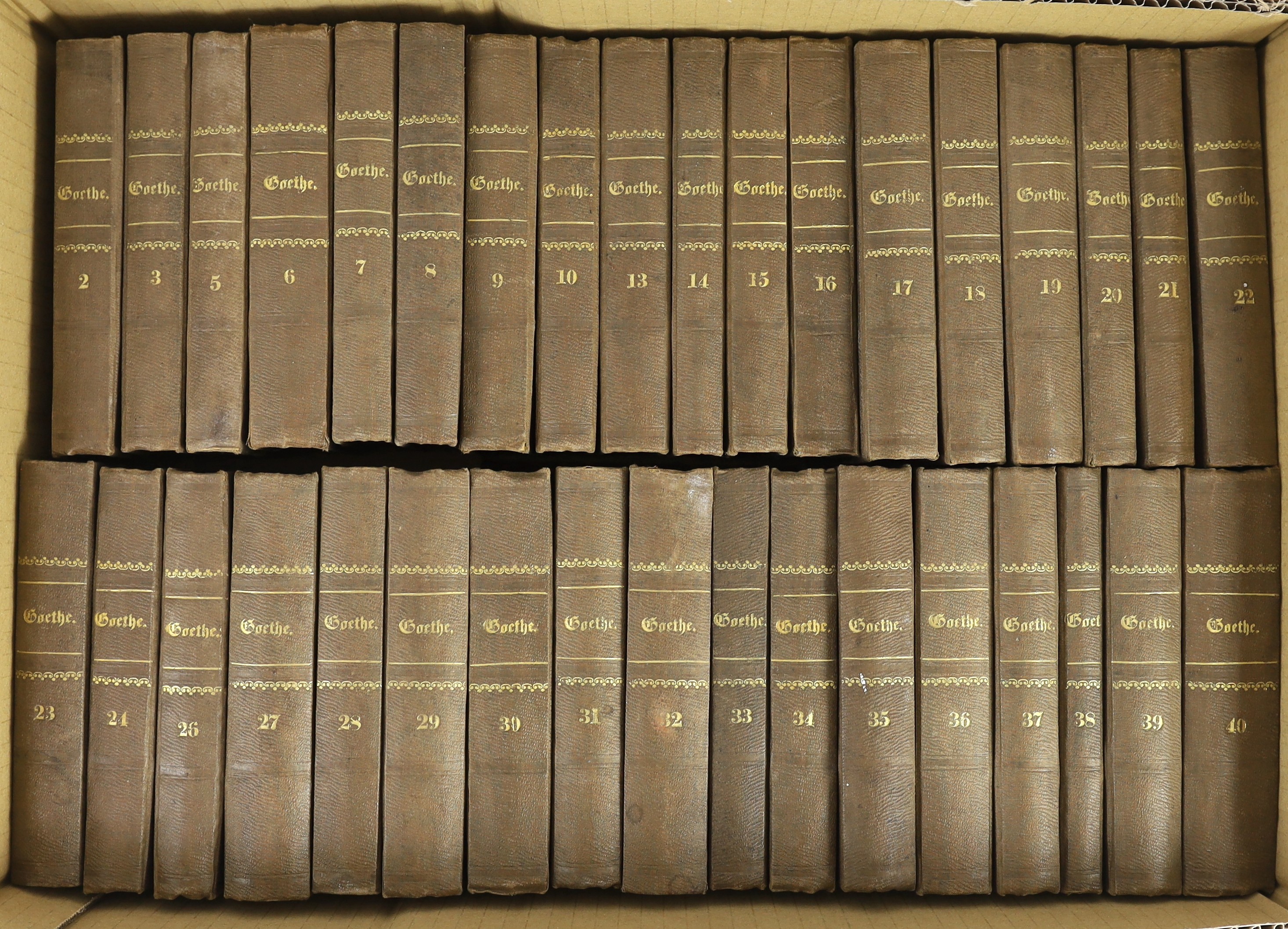 Goethe, Johanna Wolfgang - The Works in German, 35 vols (of 40), 12mo, half cloth, gilt embossed spines, Cotta’scher Verlag, Stuttgart and Augsburg, 1855